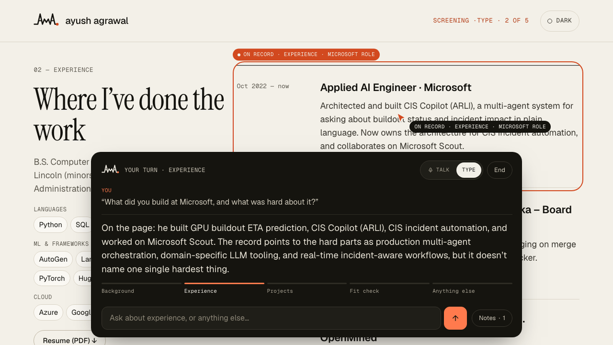 The screening bar on ayushmagrawal.com answering a question and highlighting the Microsoft role on the page.
